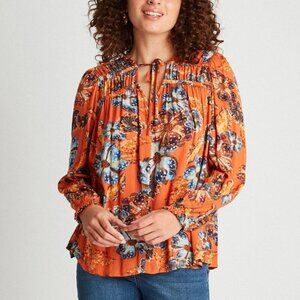 OLD NAVY Boho Top Size Medium Orange Floral Print Blouse Long Sleeve